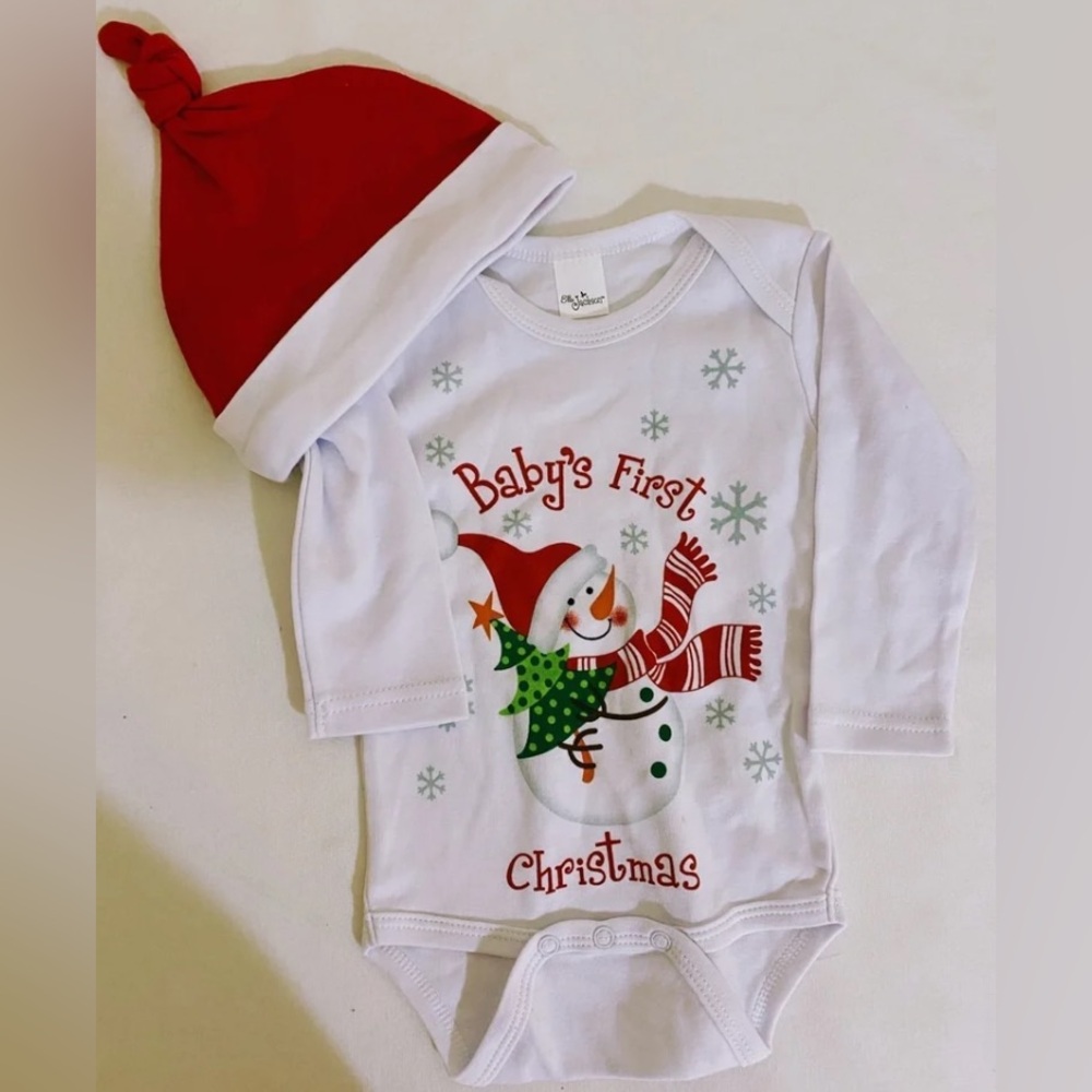 New-Ganz Snowman Boy/Girl Baby’s First Christmas One-Piece & Hat Set 0-6m